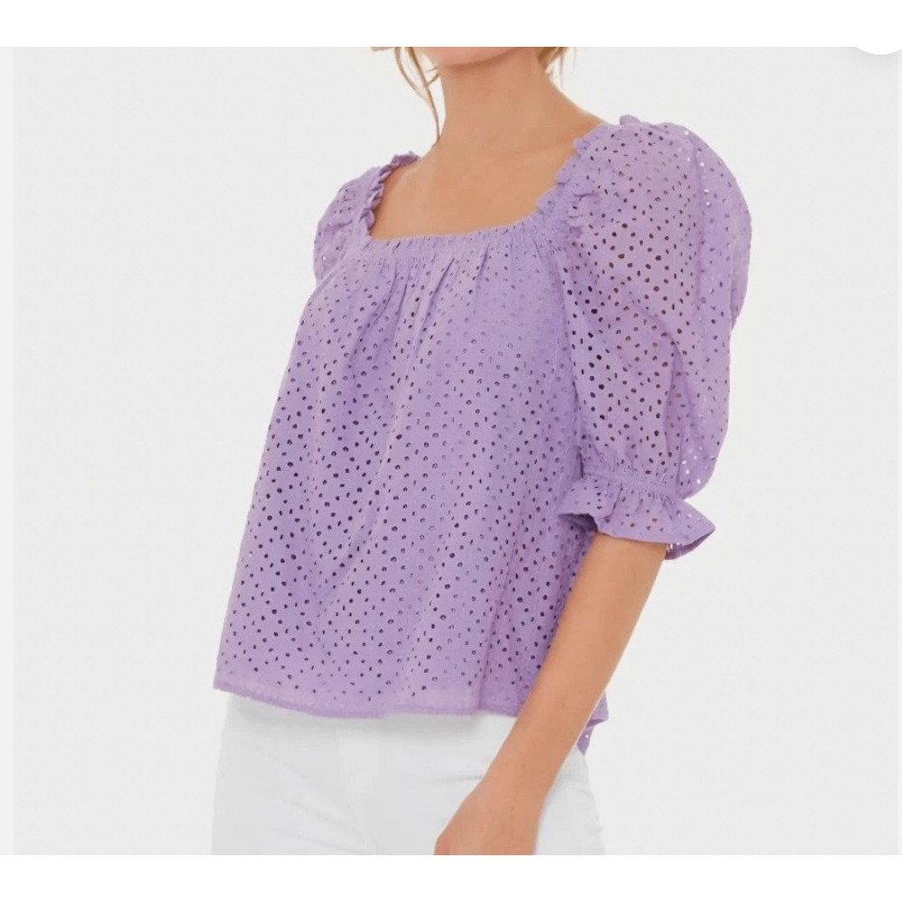 Pomander Place Eyelet Puff Sleeve Top Purple Small Romantic Cottagecore Boho